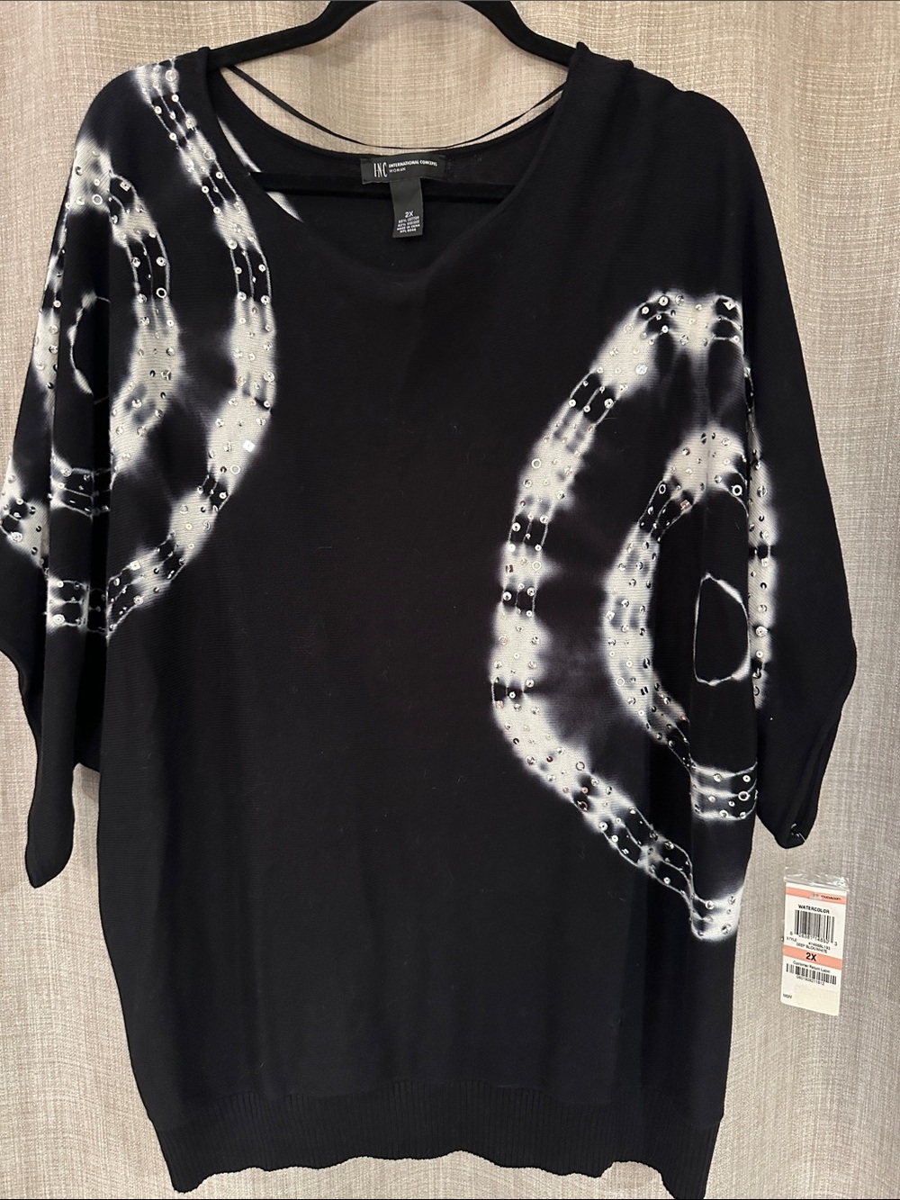 INC International Concepts Black Tie-Dye Studded Dolman Sleeve Top